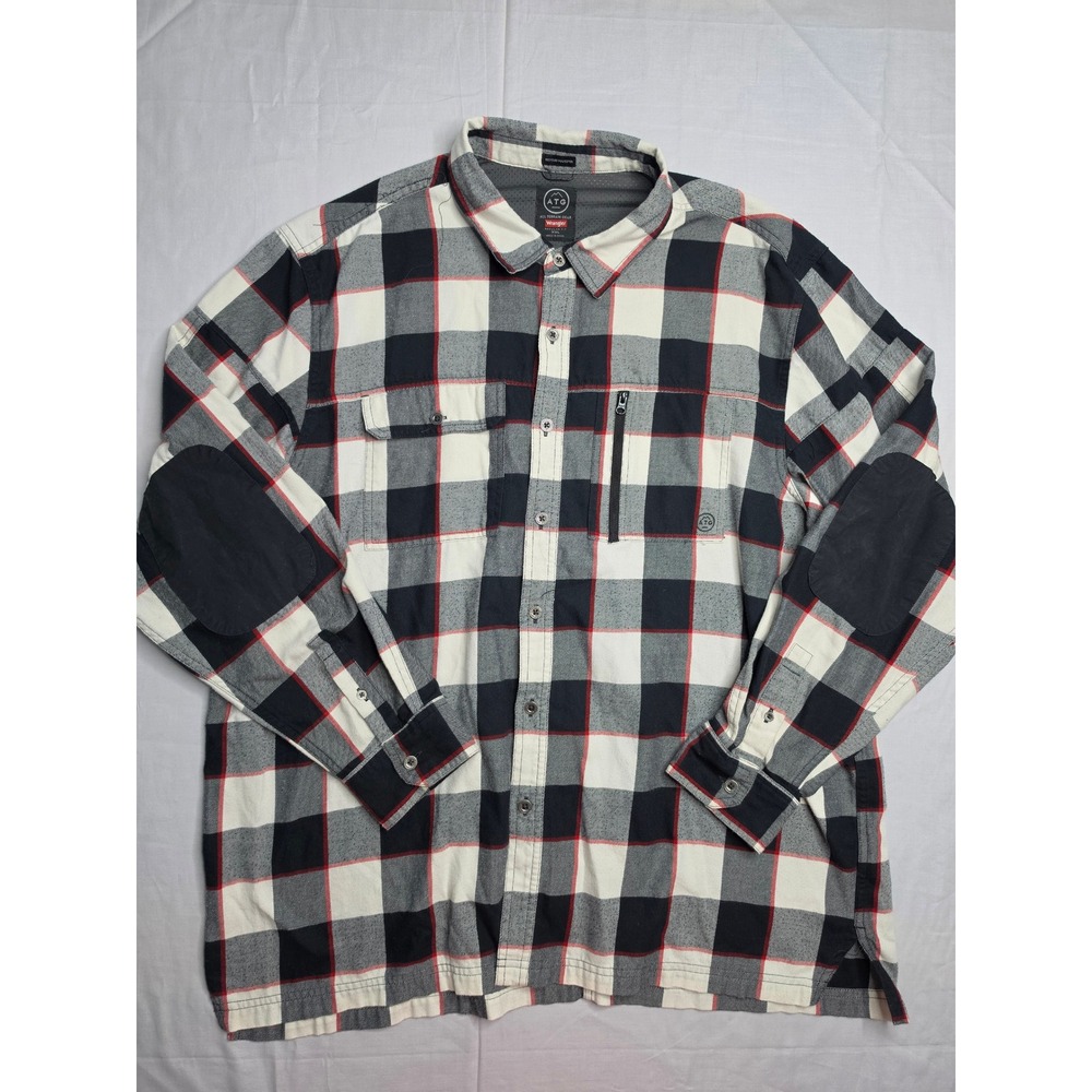 Wrangler All Terrain Gear Shirt Mens 2XL White Black Plaid Button-Up Regular Fit